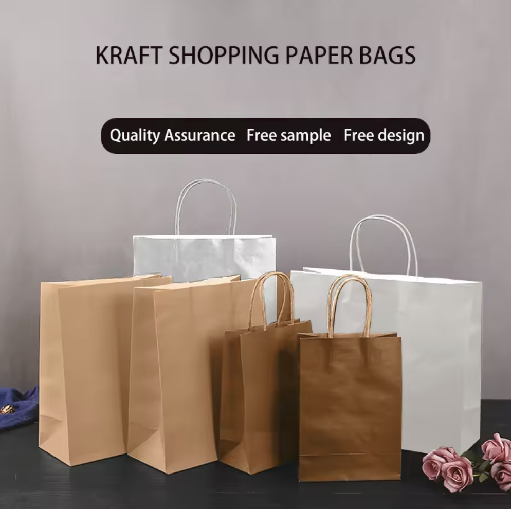 Recyclable regular brown kraft paper bag with twisted handle, customizable size and logo