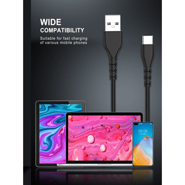 6FT Fast Charging 3A Rapid Charger Quick Cord, Type C to A Cable Black