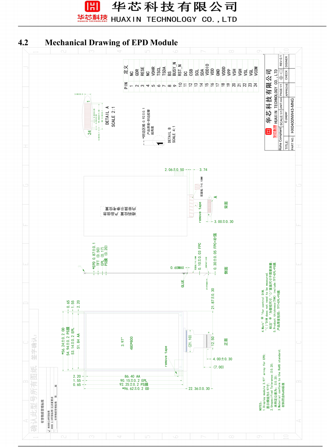 4 inch white/black E-paper display 480*800 resolution SPI interface