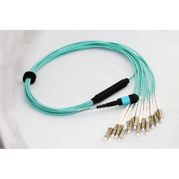 Aqua 12 Core Fiber Optic Patch Cables MPO Fanouts LC Connectors