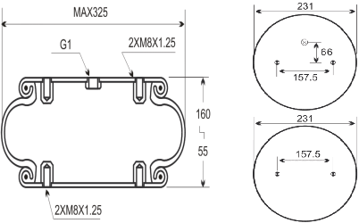 Technical drawing of Contitech FS330-14 Single Convoluted Air Spring
