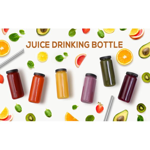 Glass Juicing Bottles with 2 Straws & 2 Lids w Hole- 16 OZ Travel Drinking Jars, Water Cups with Black Airtight Lids
