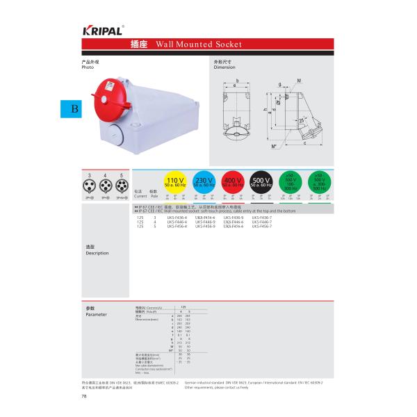 IP67 125A 380V 3 Phase Industrial Wall Mounted Socket CE Certified