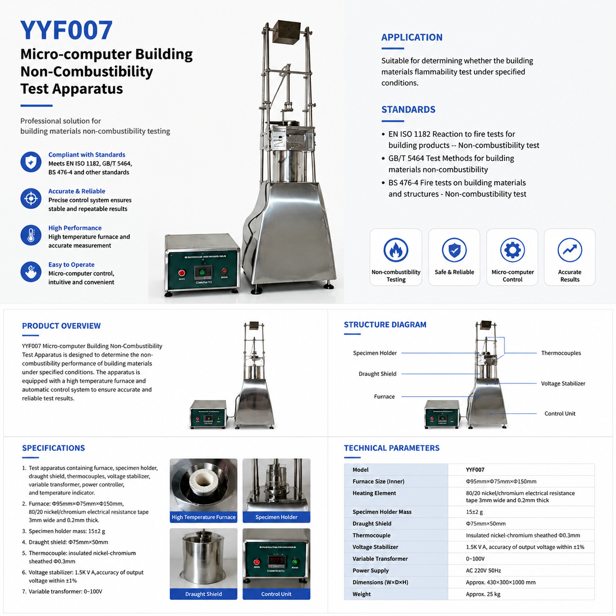 Micro-computer Controlled EN ISO 1182 Compliant Non-Combustibility Test Apparatus with Precision Thermocouple for Building Materials