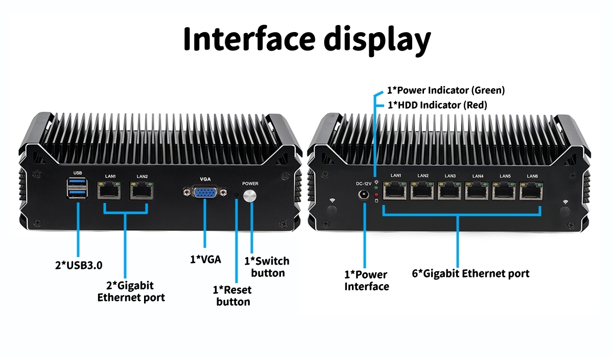 Intel Celeron 3865U Processor Soft Router With 8 LAN 1 Reset button