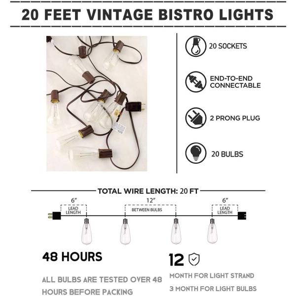 ST40 20Ft Edison Vintage Bistro Waterproof Patio String Lights