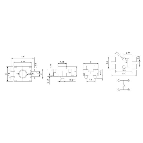 OEM / ODM 3.54x3.00 Push Button Tact Switch 4 Pin