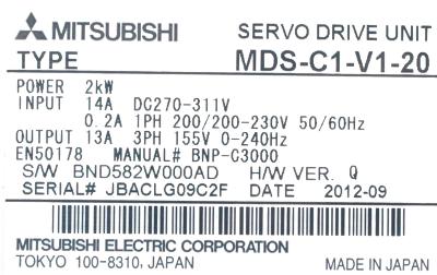 2.0KW Mitsubishi Servo Amplifier Unit MDS-C1-V1-20 Axis Control Programmable Controller
