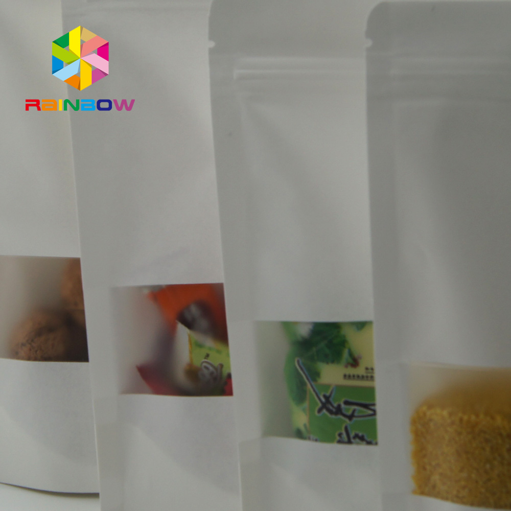 White Doypack Snack Bag Packaging Kraft Paper Material With Clear Window / Zipper