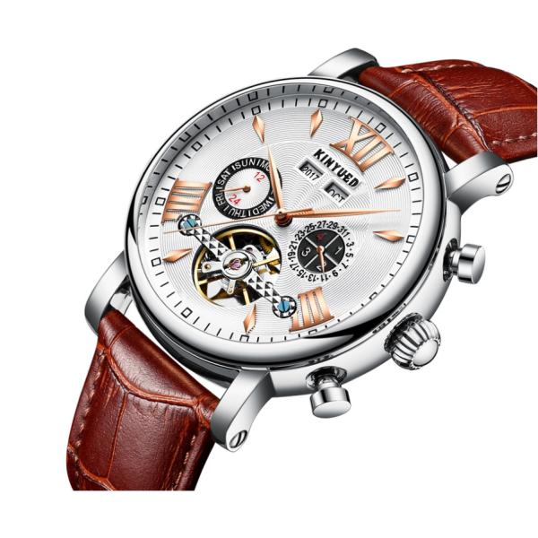 Silver Case Tourbillon Mechanical Watch Day / Date Pointer Dial Display