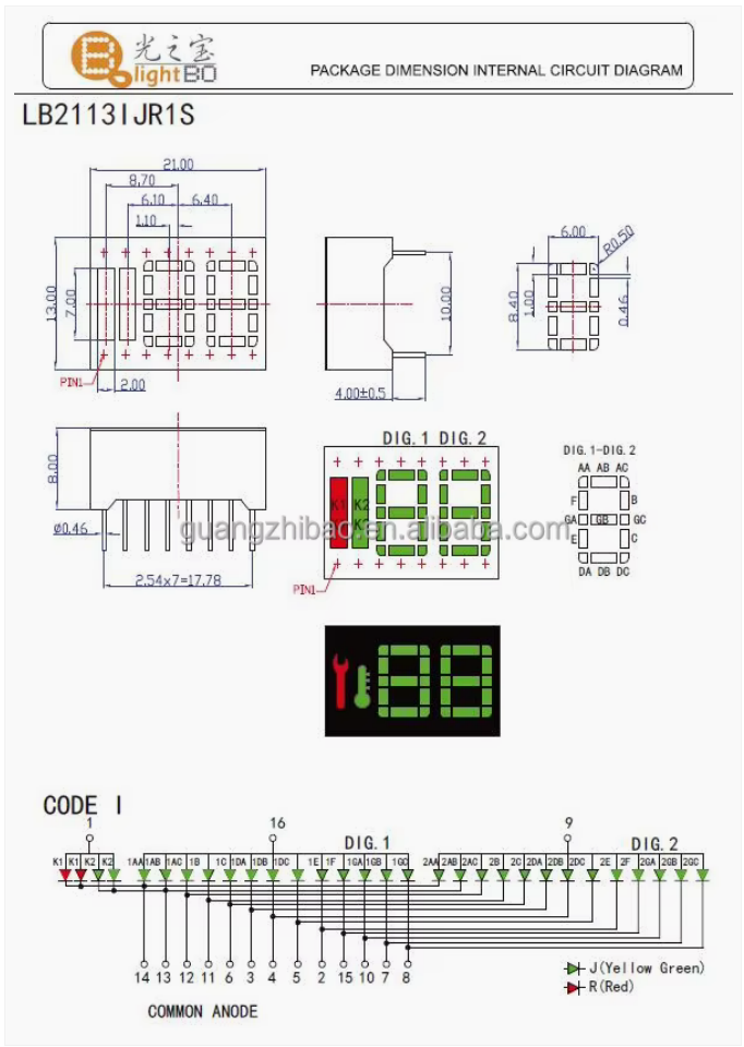 Customized 2 Digit 7 Segment LED Display Common Anode For Industrial Temperature Indicator