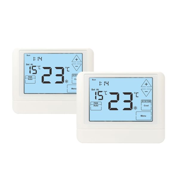 24V Conventional Electronic Room Touch Screen Programamble Thermostat Physical Dimensions 120mm W 98mm H 27mm D and Temperature Ranges 32°F to 99°F 0