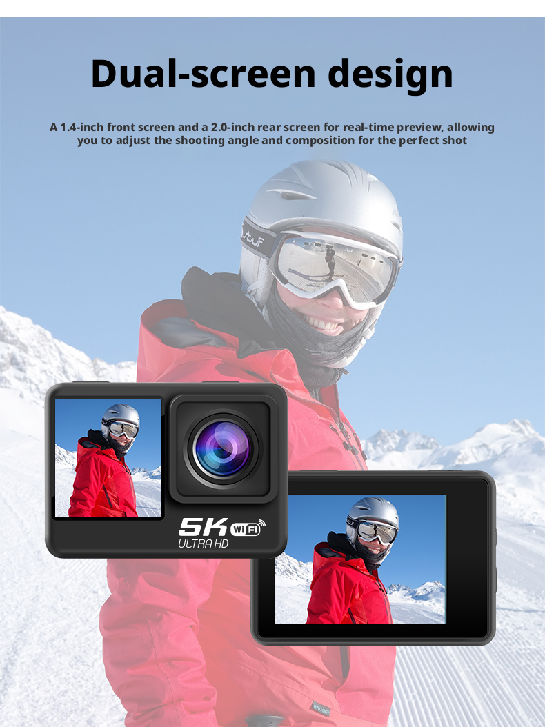 DLC 5K 48MP CMOS Sensor Dual Screen Real-Time Preview EIS Action Camera 30M Waterproof 170 Ultra Wide Angle Outdoor Extreme
