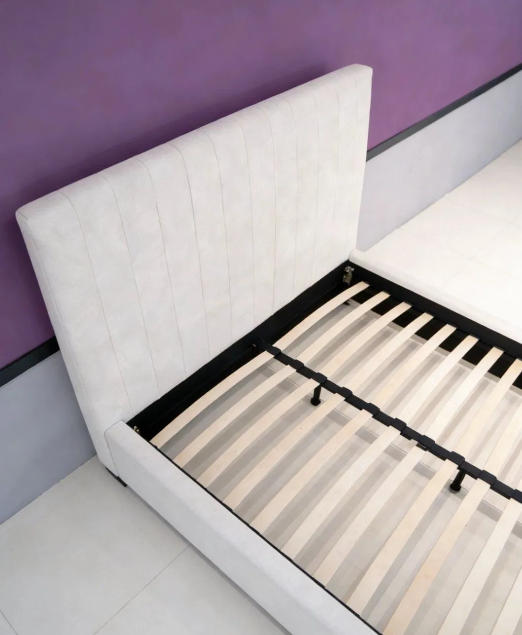 Premium Cream Velvet Upholstered Platform Bed with Solid Frame