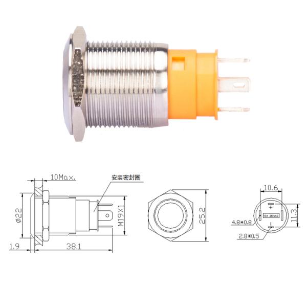 Ip67 Waterproof Push Button Switch Led Illuminated 36V Steel 19mm Normal Open