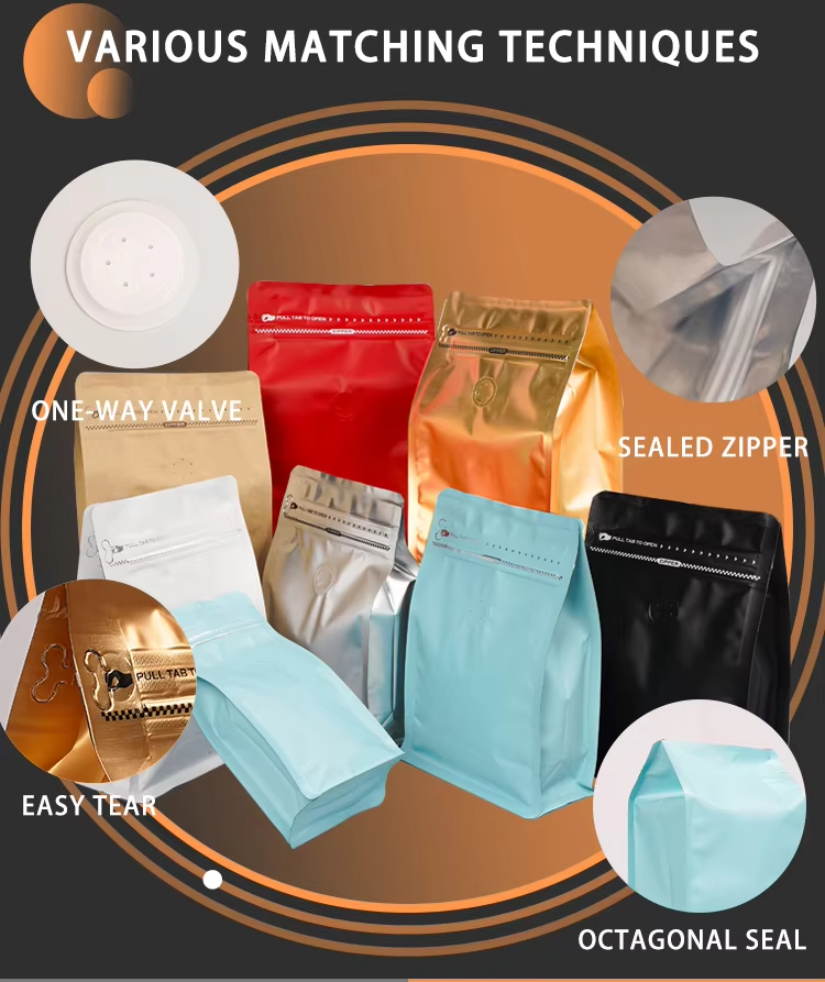 Tear Resistant Puncture Proof Design Black Plastic Flat Bottom Heat Sealed Valve Coffee Bags for Packaging