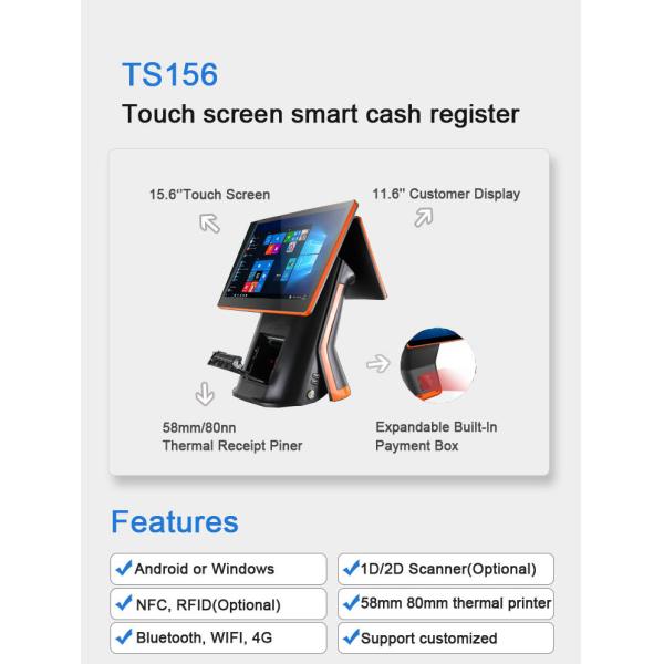Android and Windows Compatible 15 Inch POS Terminal with 10 Points Capactive Touch