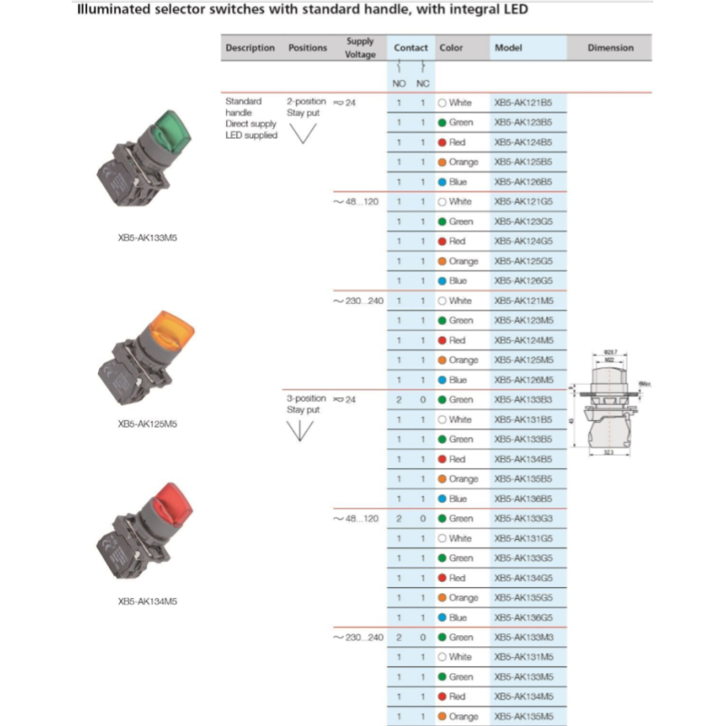 22mm 3-Position Latching Spring Return Selector Switch with 2NO Push Button Max. 10A Current Model XB5 AD53