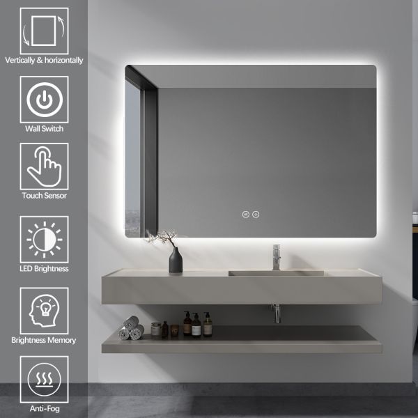 Wall Mounted Fogless Bathroom Mirror Shatterproof Rectangular Backlit Anti Fog Bathroom Mirror