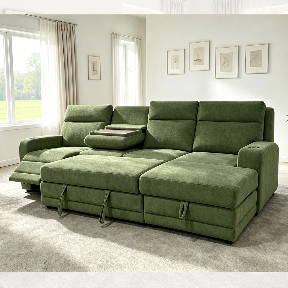 Big Sectional Sleeper Sofa with Pull-Out Bed and Dropdown Table and Power Recliner Chair, Green Fabric