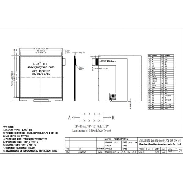 IPS Display 480*480 4 Inch 350nits Square LCD Screen MIPI Interface