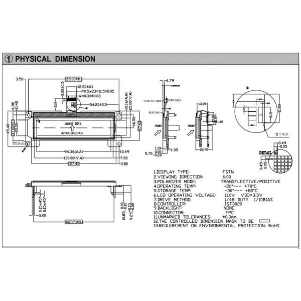 160*32 Graphic LCD Module FSTN 6H Positive Transflective Wide Temperature Industrial Display