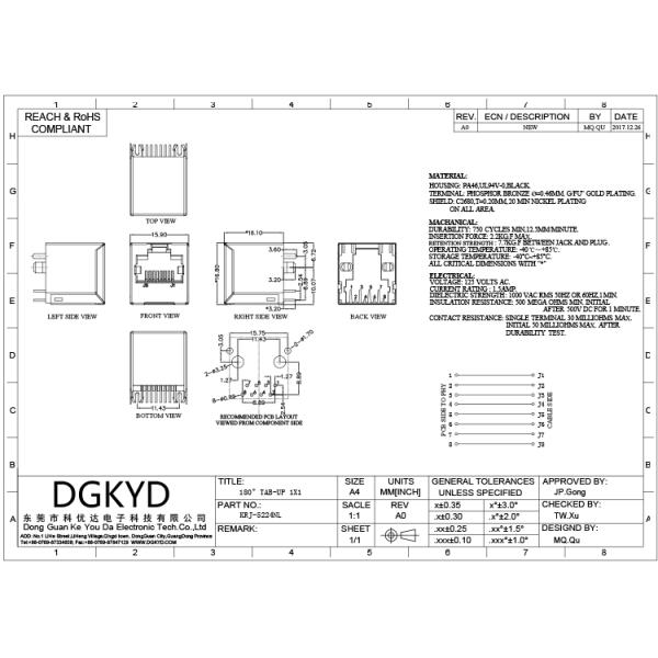 180 degree vertical entry modular jack rj45 connector without transformer for Net Card