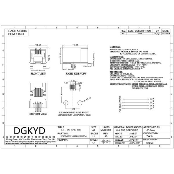 Single Ports Modular RJ11 Jack 4P4C SMD All Plastic Without Light