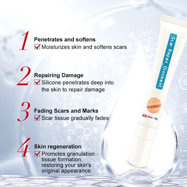 Scar repair cream, medical-grade silicone gel formula, reduces scarring.
