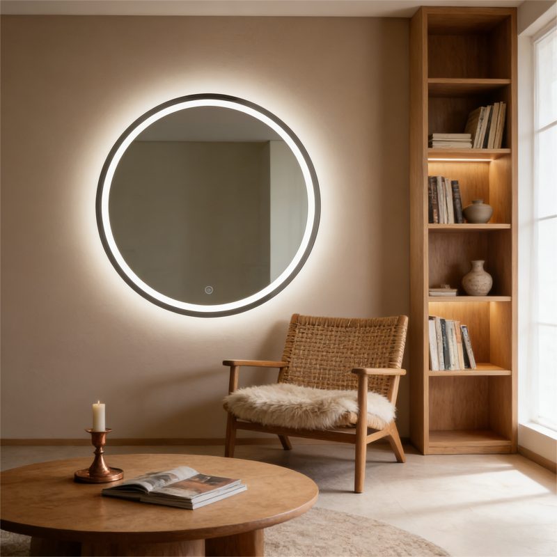Kingstin Smart LED Round Mirror with Dimmable Light Touch Control Time Display Anti-Fog for Bathroom Living Room