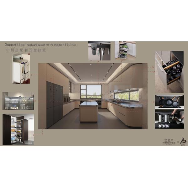 U-Shaped Stainless Steel Kitchen Cabinets with Large Rectangular Island