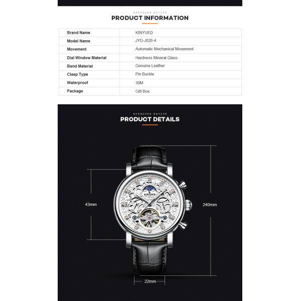 Durable Tourbillon Skeleton Watch Silver Case Moonphase Automatic Watch
