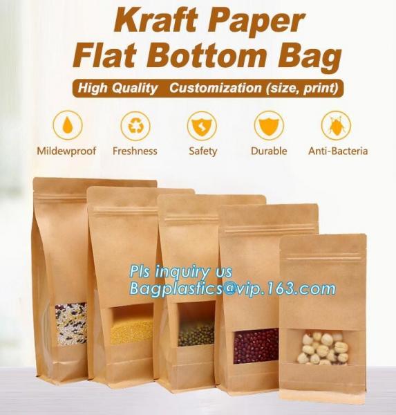 Kraft paper 3 side seal bag,kraft flat bottom bag, waterproof, moisture resistant, window bag, flat bottom bag,zipper se