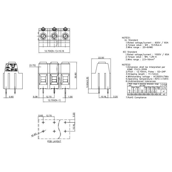 12.7mm / 0.5" PCB Soldering Screw Terminal Blocks Connector 750V 57A