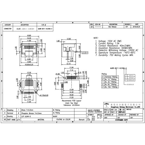 SMT Offset / Overhangs PCB RJ45 Jack , Modular RJ45 PCB Connector