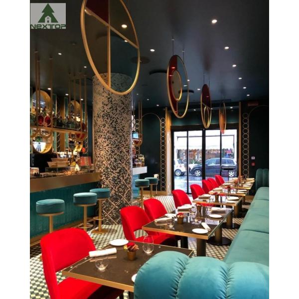 Retro One Stop Solution Bar Restaurant Booth Seating Long Couch Railing Screen Wall Cabinet