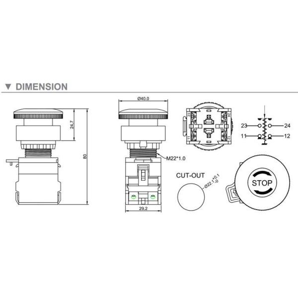 IP65 22.2mm Illuminated Push Button CE Latching Emergency Stop Switch
