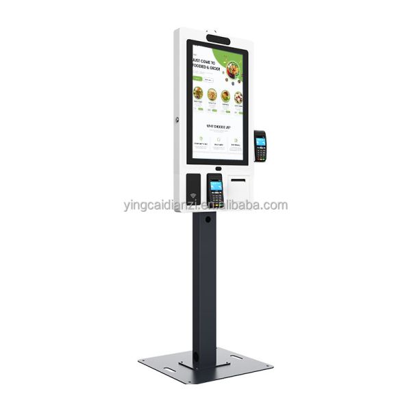 Self-service kiosk front view with touch screen interface