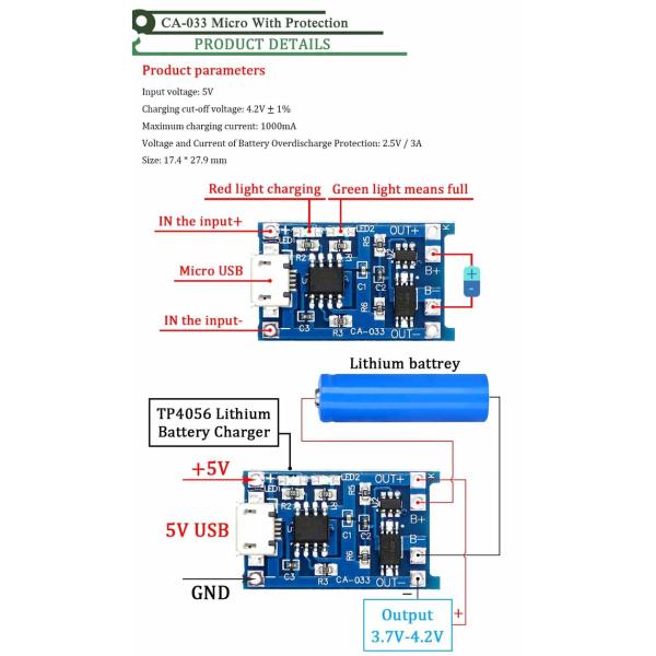 CA-033 Micro Type-C USB 5V Charging Board Dual Function 1A Li-Ion Lithium Battery Charger Module 18650 TP4056 ICs Product