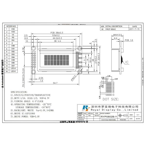 8×2 Character LCD Module with STN Transflective Display and Yellow-Green Backlight