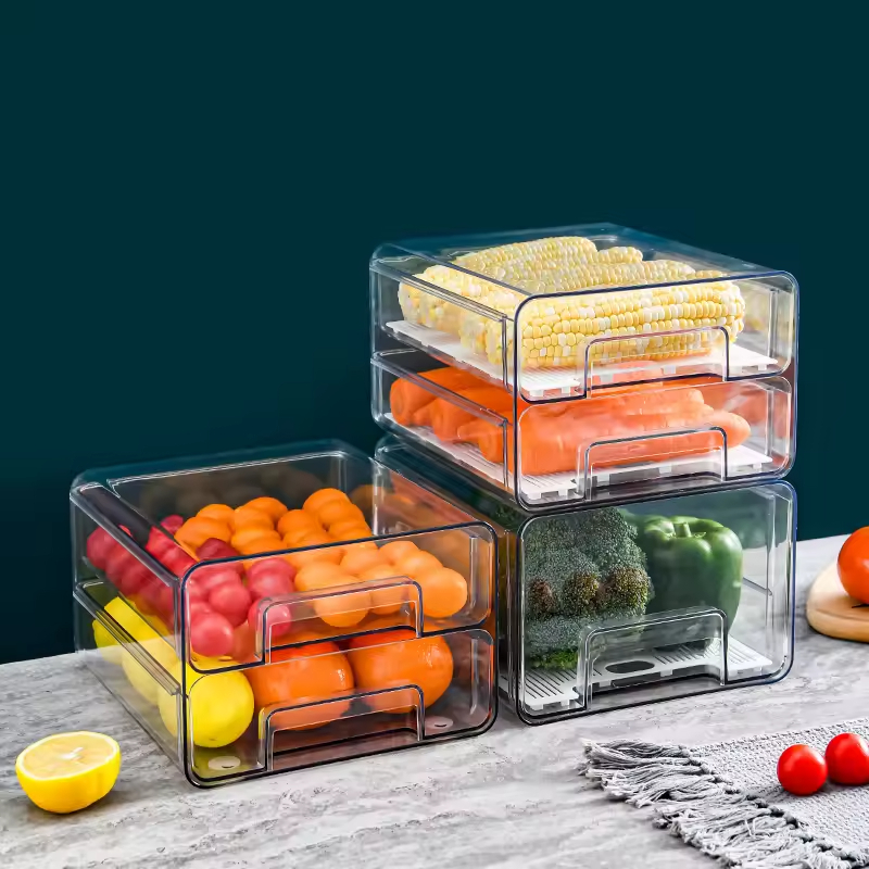 Modern Large Capacity Stackable Double Layer Transparent Plastic Drain Refrigerator Household Drawer Style Food Storage Box