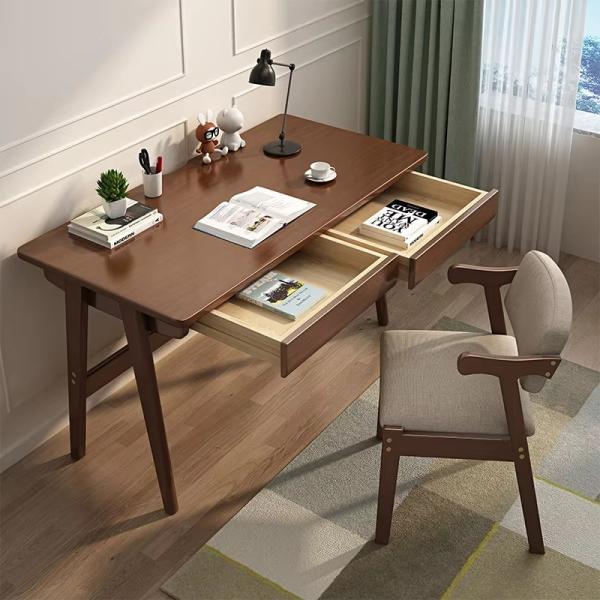 Nordic Study Table, Solid Wood Desk Student Writing Small Apartment Computer Working Station with Drawer in
