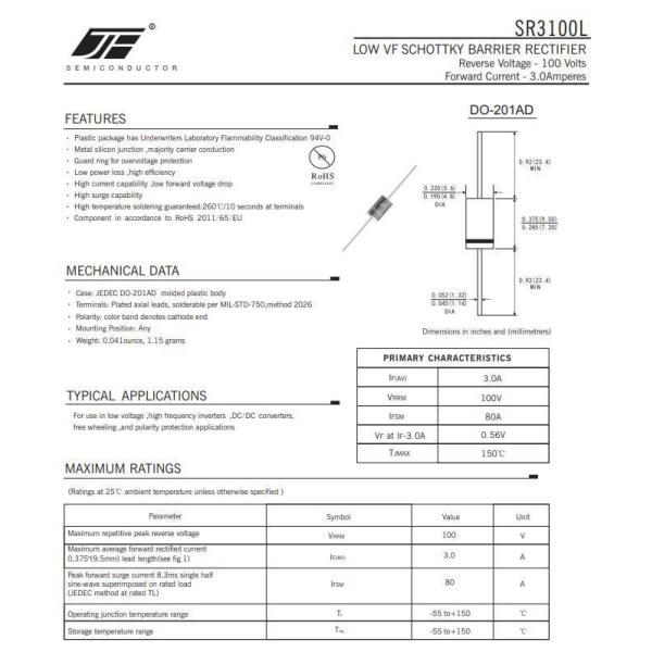 Alloy Structure SR3100L Low VF Schottky Diode SR3100L DO-27 Package Through Hole