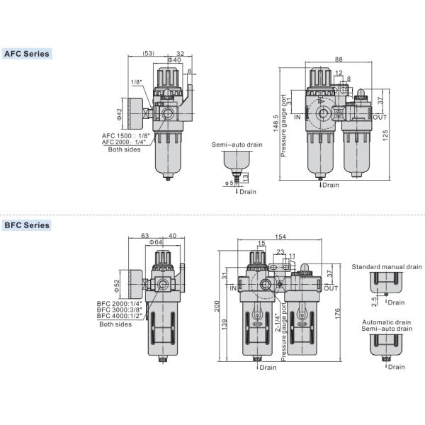 FRL Unit 1/4'' NPT BFC2000 Air Filter Regulator With Lubricator 2