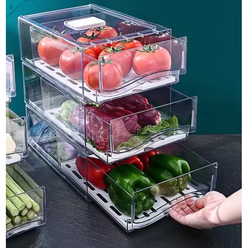 Practical Drawer Style Stackable Transparent Food Storage Container for Refrigerator Kitchen Pantry