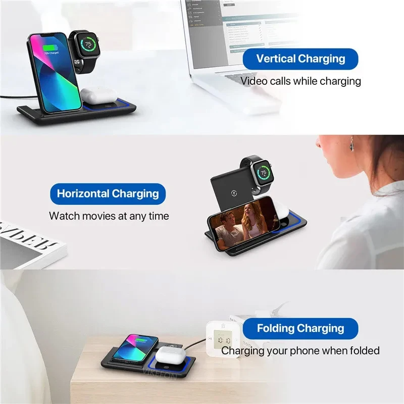 3 In 1 Foldable Phone Watch Earbud Charger Portable Wireless With Holder 15W Fast Charging
