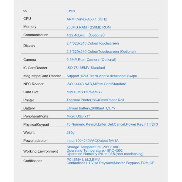 Bluetooth MPOS Android Systems & Services Payment Linux POS Terminal 2.8 Inch Screen