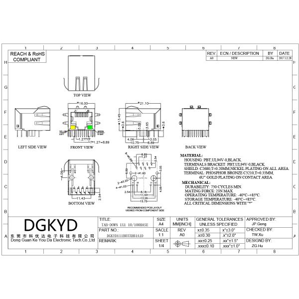 RJ45 interface industrial network port connector 8P8C with shielded shell DGKYD111B033DB1A1D