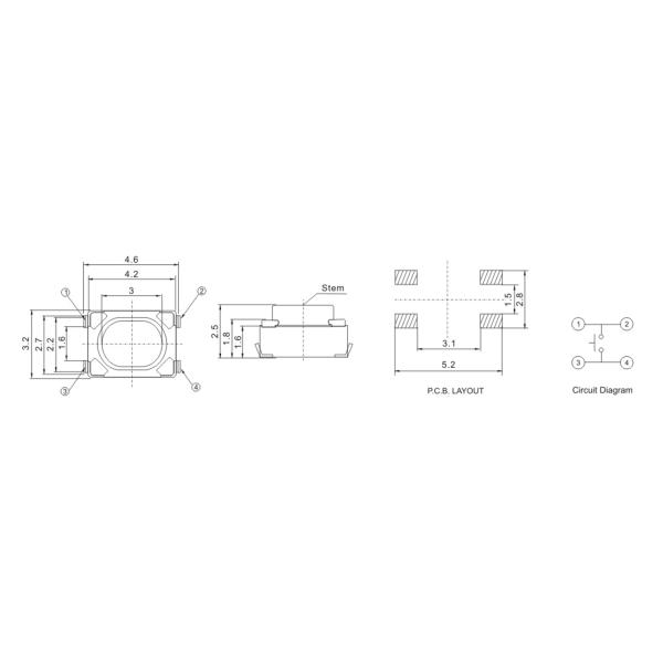 50mA 12VDC 4.2x3.2 4 Foot Push Button Tact Switch