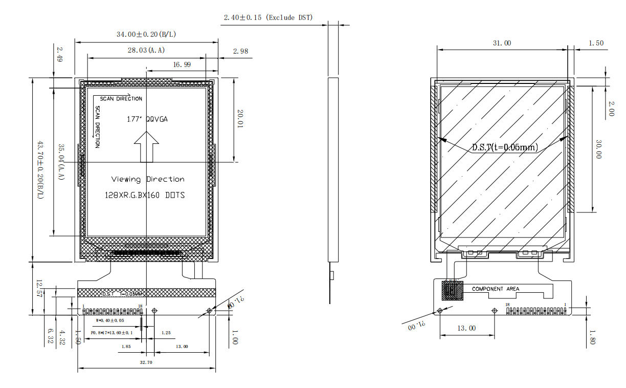 1.77-inch TFT LCD with 4-Wire Resistive Touch Screen | 128x160 SPI Interface | ILI9163C Driver | Compact Embedded Display